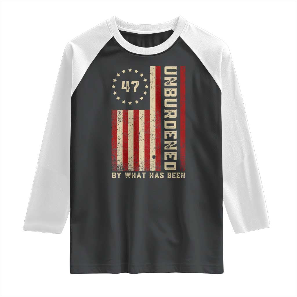 Trump 2025 Raglan Shirt Unburdened By What Has Been American Flag TS09 Black White Print Your Wear