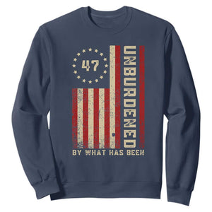 Trump 2025 Sweatshirt Unburdened By What Has Been American Flag TS09 Navy Print Your Wear