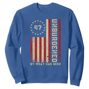Trump 2025 Sweatshirt Unburdened By What Has Been American Flag TS09 Royal Blue Print Your Wear