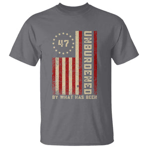 Trump 2025 T Shirt Unburdened By What Has Been American Flag TS09 Charcoal Print Your Wear