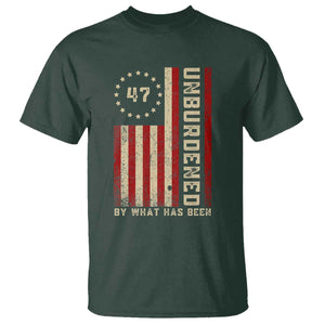 Trump 2025 T Shirt Unburdened By What Has Been American Flag TS09 Dark Forest Green Print Your Wear