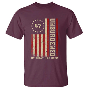 Trump 2025 T Shirt Unburdened By What Has Been American Flag TS09 Maroon Print Your Wear