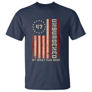 Trump 2025 T Shirt Unburdened By What Has Been American Flag TS09 Navy Print Your Wear