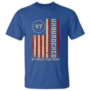 Trump 2025 T Shirt Unburdened By What Has Been American Flag TS09 Royal Blue Print Your Wear