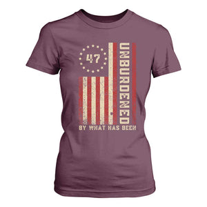 Trump 2025 T Shirt For Women Unburdened By What Has Been American Flag TS09 Maroon Print Your Wear