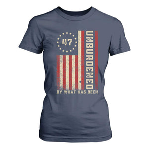 Trump 2025 T Shirt For Women Unburdened By What Has Been American Flag TS09 Navy Print Your Wear