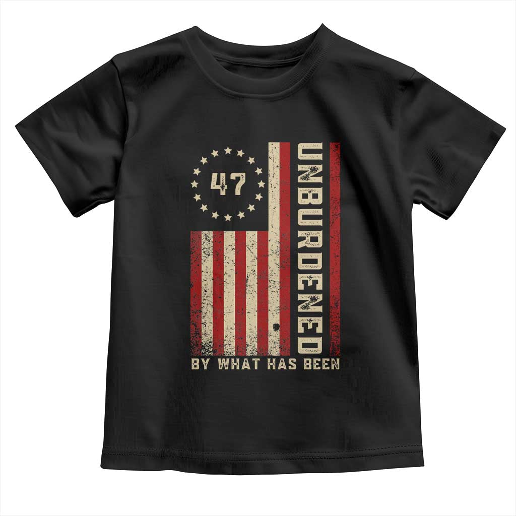 Trump 2025 Toddler T Shirt Unburdened By What Has Been American Flag TS09 Black Print Your Wear