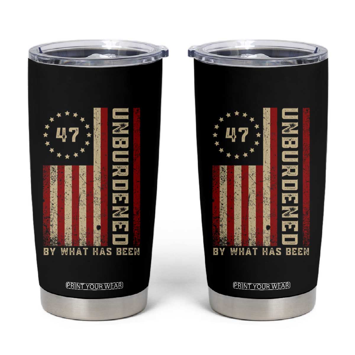Trump 2025 Tumbler Cup Unburdened By What Has Been American Flag TS09 Black Print Your Wear