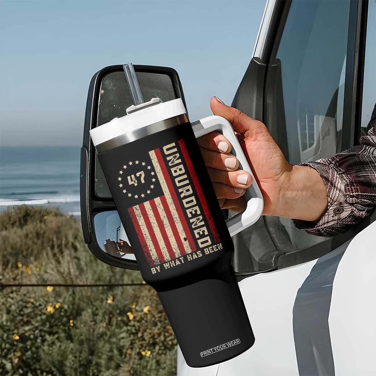 Trump 2025 Tumbler With Handle Unburdened By What Has Been American Flag TS09 Print Your Wear