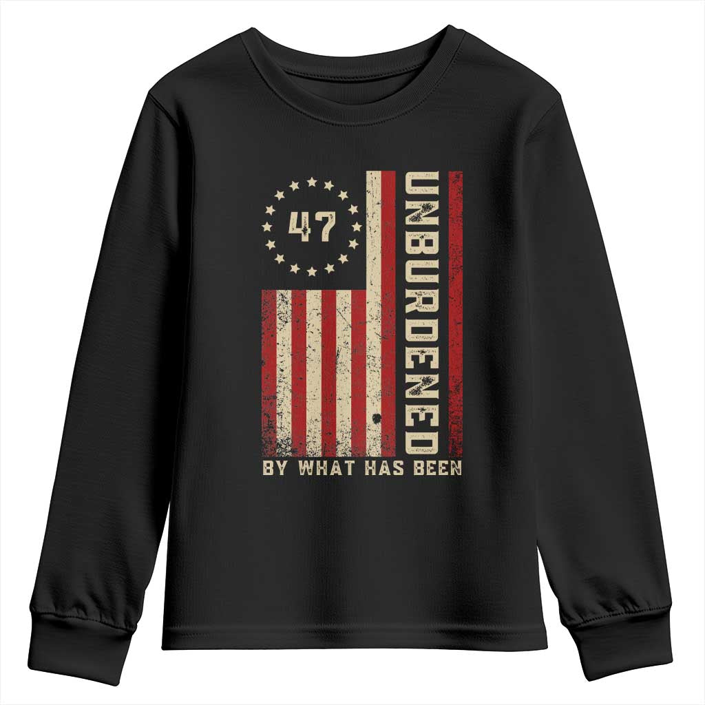 Trump 2025 Youth Sweatshirt Unburdened By What Has Been American Flag TS09 Black Print Your Wear