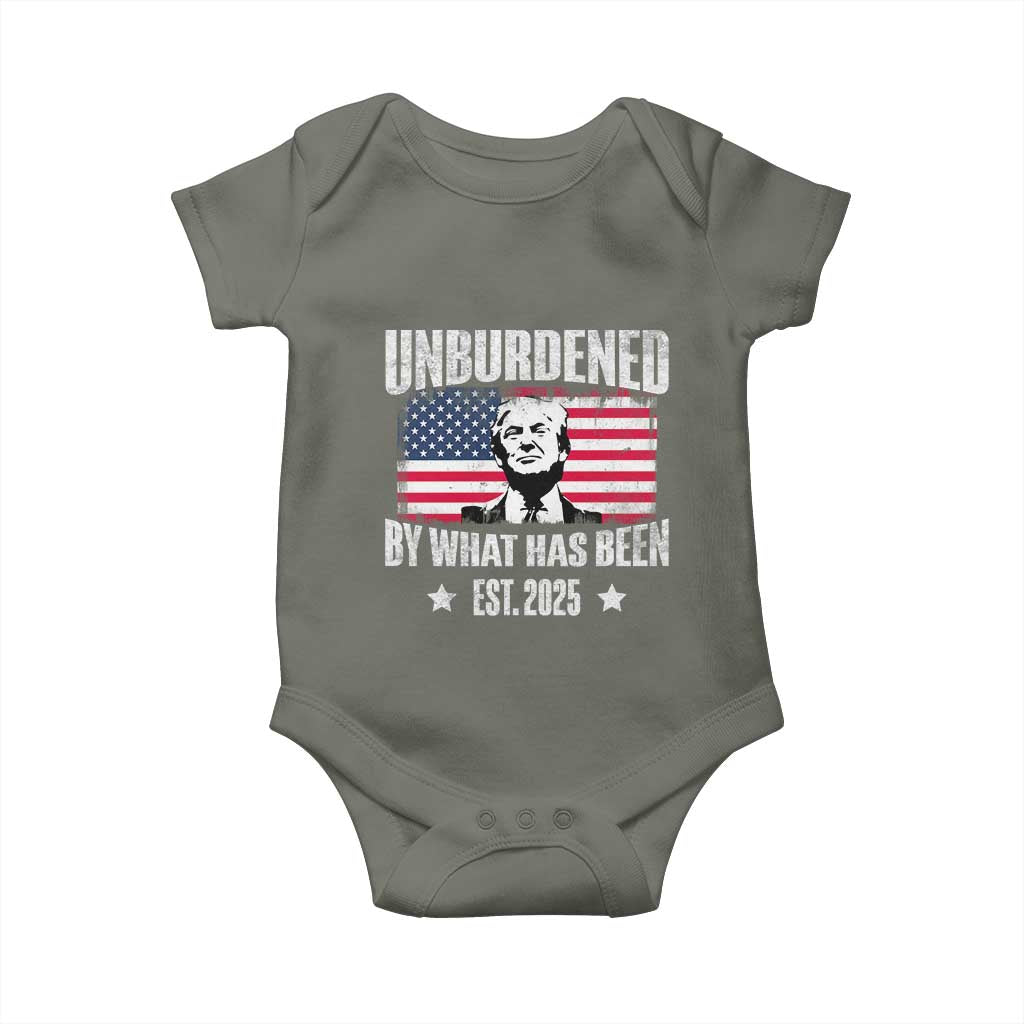Trump 47 Baby Onesie Unburdened By What Has Been Est 2025 TS09 Military Green Print Your Wear