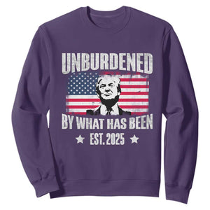 Trump 47 Sweatshirt Unburdened By What Has Been Est 2025 TS09 Purple Print Your Wear