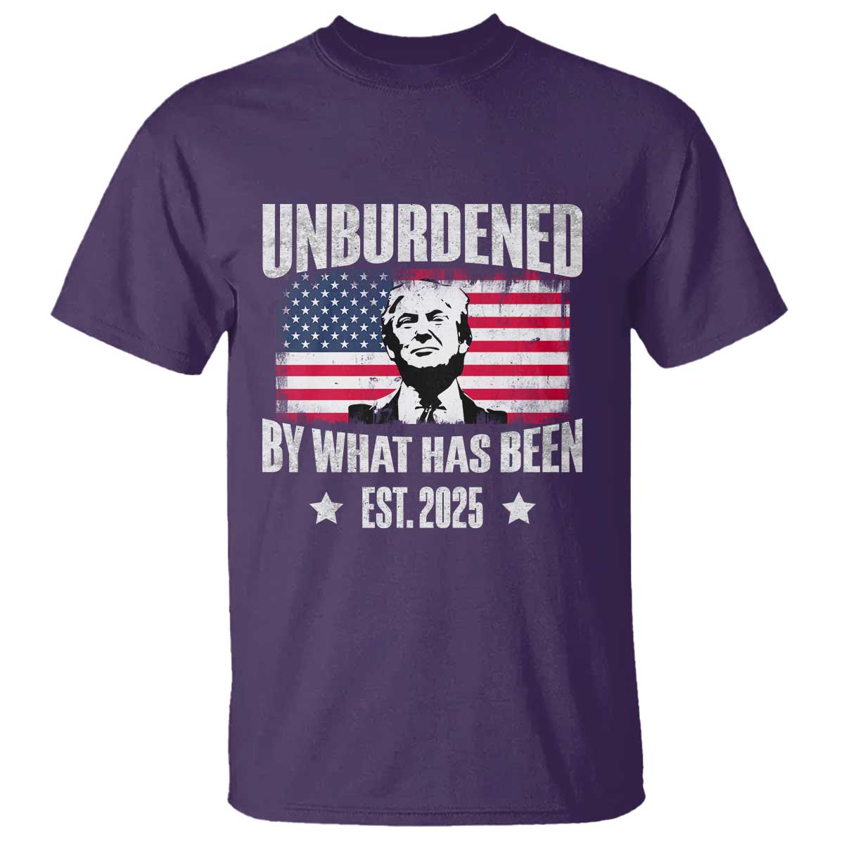 Trump 47 T Shirt Unburdened By What Has Been Est 2025 TS09 Purple Print Your Wear