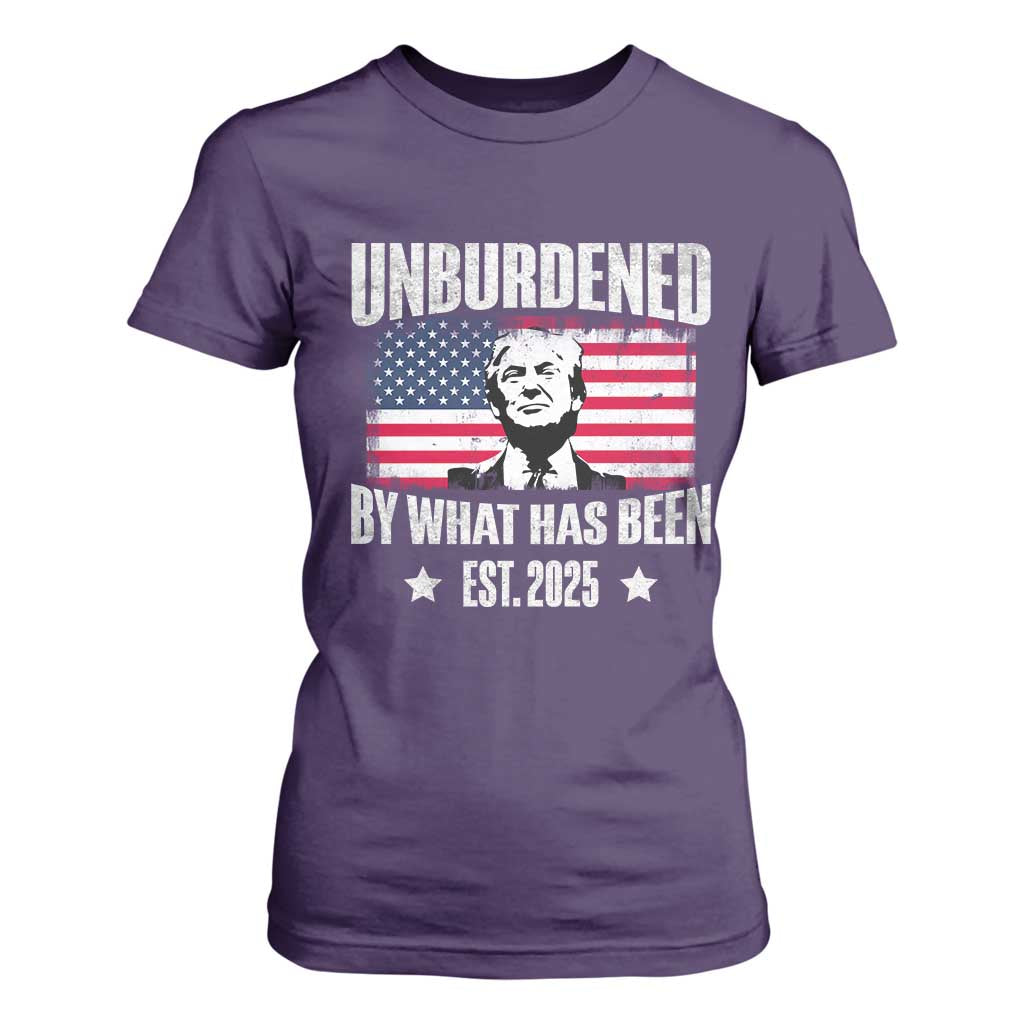 Trump 47 T Shirt For Women Unburdened By What Has Been Est 2025 TS09 Purple Print Your Wear