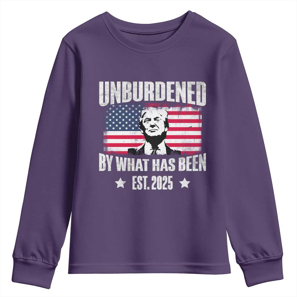 Trump 47 Youth Sweatshirt Unburdened By What Has Been Est 2025 TS09 Purple Print Your Wear
