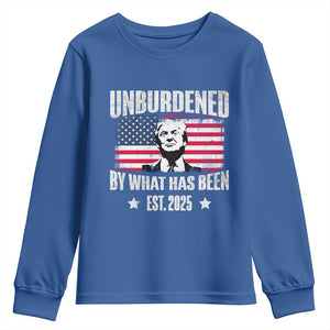 Trump 47 Youth Sweatshirt Unburdened By What Has Been Est 2025 TS09 Royal Blue Print Your Wear