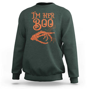 Halloween Couple Matching Sweatshirt I'm Her Boo Skeleton Hand TS09 Dark Forest Green Print Your Wear