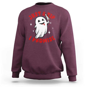 Funny Halloween Sweatshirt Cute Ghost Just The Tip I Promise TS09 Maroon Print Your Wear