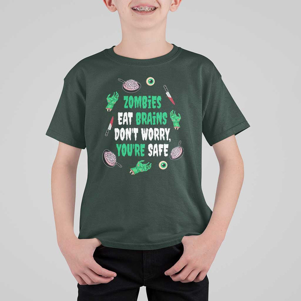 Funny Halloween T Shirt For Kid Zombies Eat Brains So You're Safe TS09 Dark Forest Green Print Your Wear