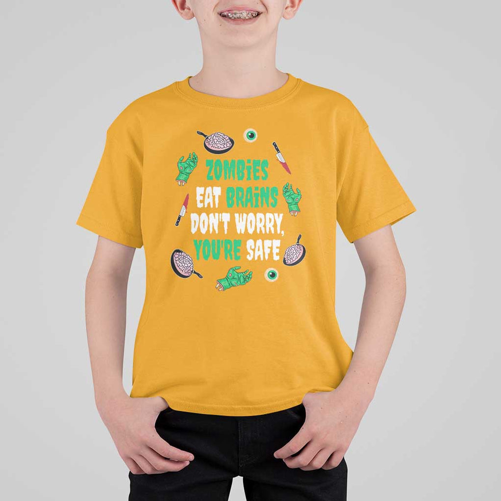 Funny Halloween T Shirt For Kid Zombies Eat Brains So You're Safe TS09 Gold Print Your Wear