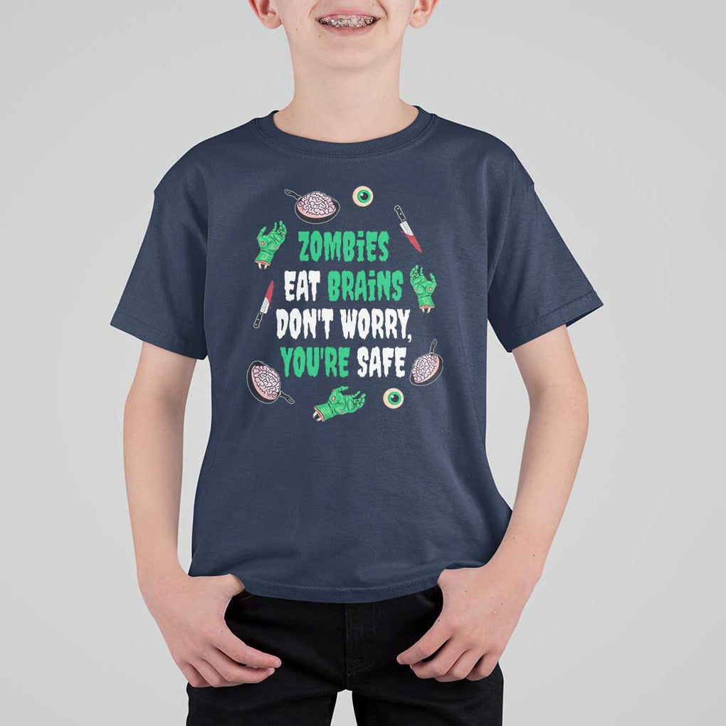 Funny Halloween T Shirt For Kid Zombies Eat Brains So You're Safe TS09 Navy Print Your Wear