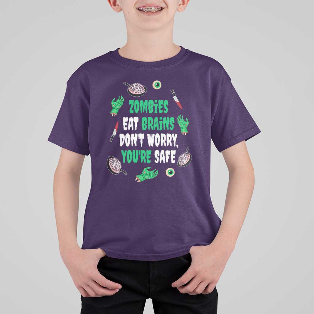 Funny Halloween T Shirt For Kid Zombies Eat Brains So You're Safe TS09 Purple Print Your Wear