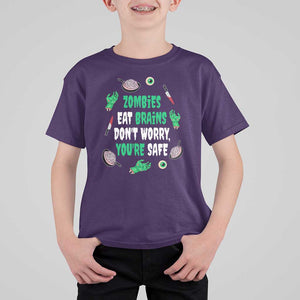 Funny Halloween T Shirt For Kid Zombies Eat Brains So You're Safe TS09 Purple Print Your Wear