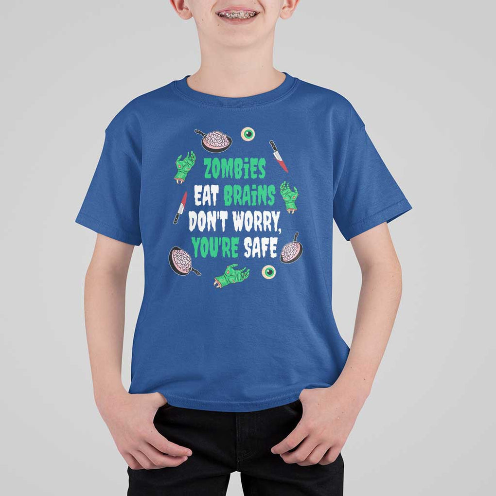 Funny Halloween T Shirt For Kid Zombies Eat Brains So You're Safe TS09 Royal Blue Print Your Wear