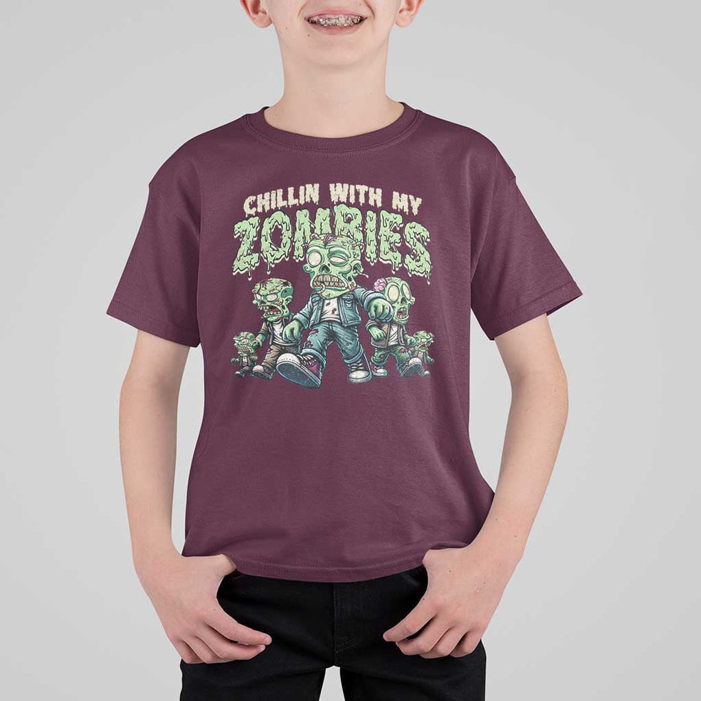 Funny Halloween T Shirt For Kid Chillin With My Zombies TS09 Maroon Print Your Wear