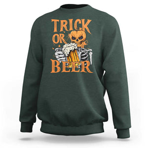 Funny Halloween Beer Sweatshirt Trick Or Beer Drinking Pumpkin Skeleton TS09 Dark Forest Green Print Your Wear