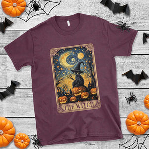 Black Cat Witch T Shirt The Witch Tarot Card Starry Night Spooky Halloween TS09 Maroon Print Your Wear