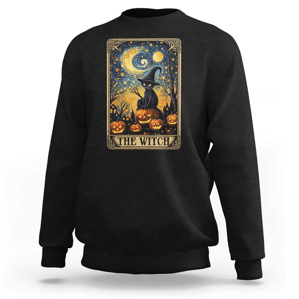Black Cat Witch Sweatshirt The Witch Tarot Card Starry Night Spooky Halloween TS09 Black Print Your Wear