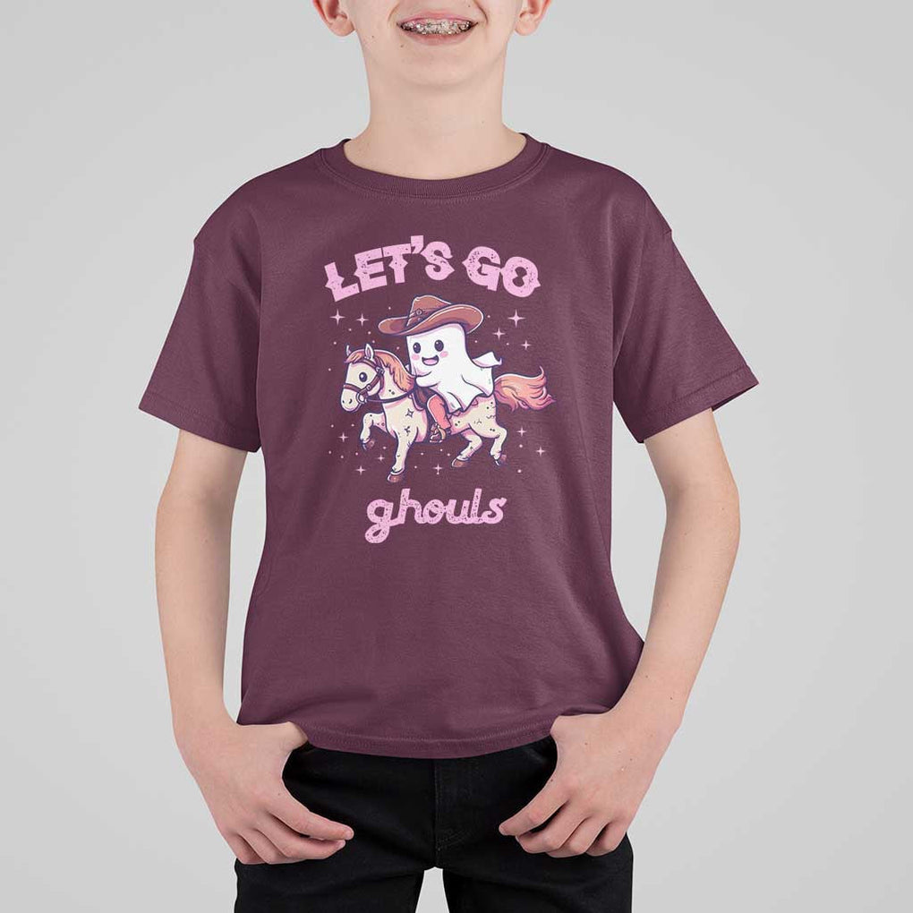 Halloween Cowboy T Shirt For Kid Let's Go Ghouls Ghost Riding Horse TS09 Maroon Print Your Wear