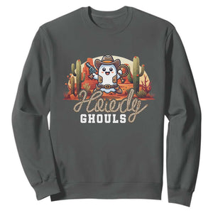 Halloween Cowboy Sweatshirt Howdy Ghouls Funny Western Ghost TS09 Dark Heather Print Your Wear