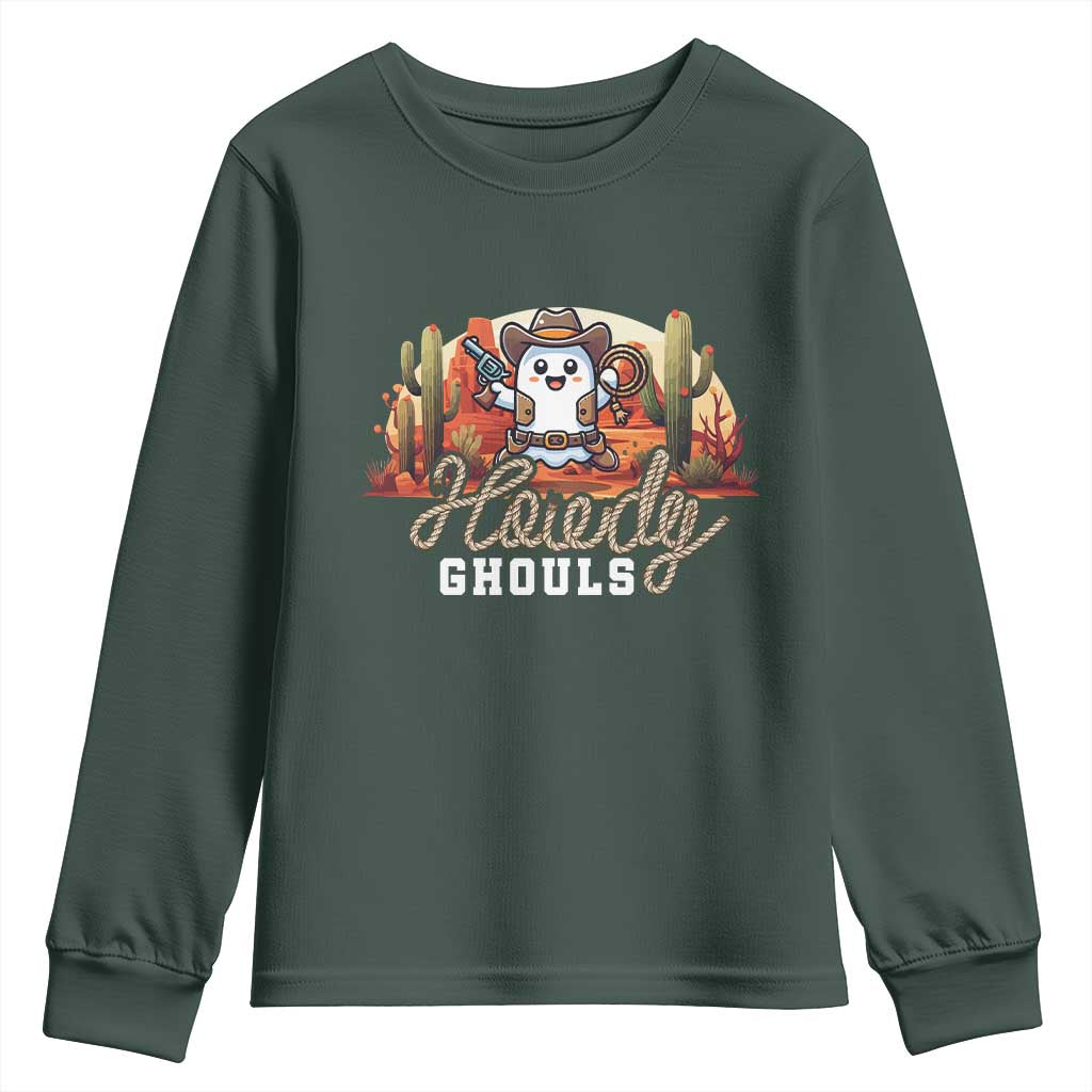 Halloween Cowboy Youth Sweatshirt Howdy Ghouls Funny Western Ghost TS09 Dark Forest Green Print Your Wear