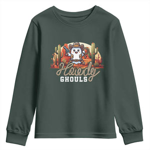 Halloween Cowboy Youth Sweatshirt Howdy Ghouls Funny Western Ghost TS09 Dark Forest Green Print Your Wear