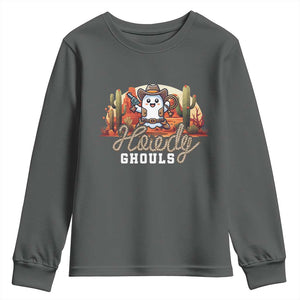 Halloween Cowboy Youth Sweatshirt Howdy Ghouls Funny Western Ghost TS09 Dark Heather Print Your Wear