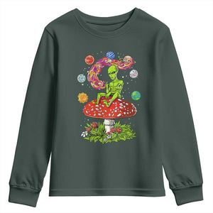 Outer Space Funny Alien Smoking Youth Sweatshirt TS09 Dark Forest Green Print Your Wear