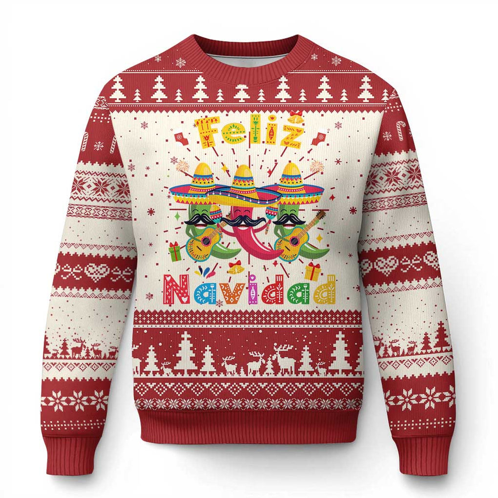 Mexico Xmas Ugly Christmas Sweater Feliz Navidad Mexican Fiesta Hot Pepper Guitar Party TS09 Red Print Your Wear