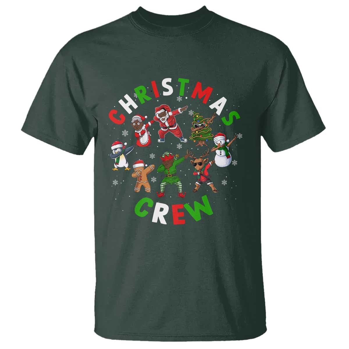 Christmas Crew Black African American Santa Reindeer Snowman Dabbing T Shirt TS09 Dark Forest Green Printyourwear