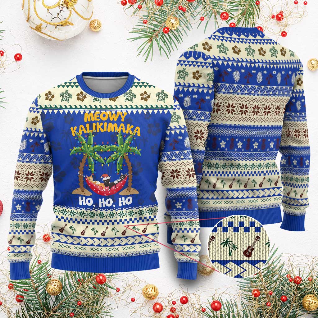 Funny Xmas In Hawaii Ugly Christmas Sweater Meowy Kalikimaka Cat Chillin' Ho Ho Ho Xmas Palm Tree TS09 Blue Print Your Wear