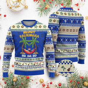 Funny Xmas In Hawaii Ugly Christmas Sweater Meowy Kalikimaka Cat Chillin' Ho Ho Ho Xmas Palm Tree TS09 Blue Print Your Wear