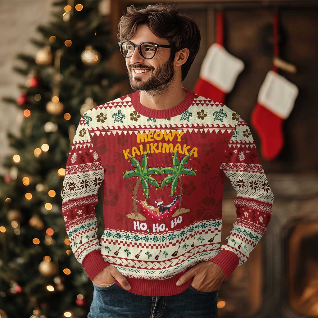 Funny Xmas In Hawaii Ugly Christmas Sweater Meowy Kalikimaka Cat Chillin' Ho Ho Ho Xmas Palm Tree TS09 Hibiscus Print Your Wear