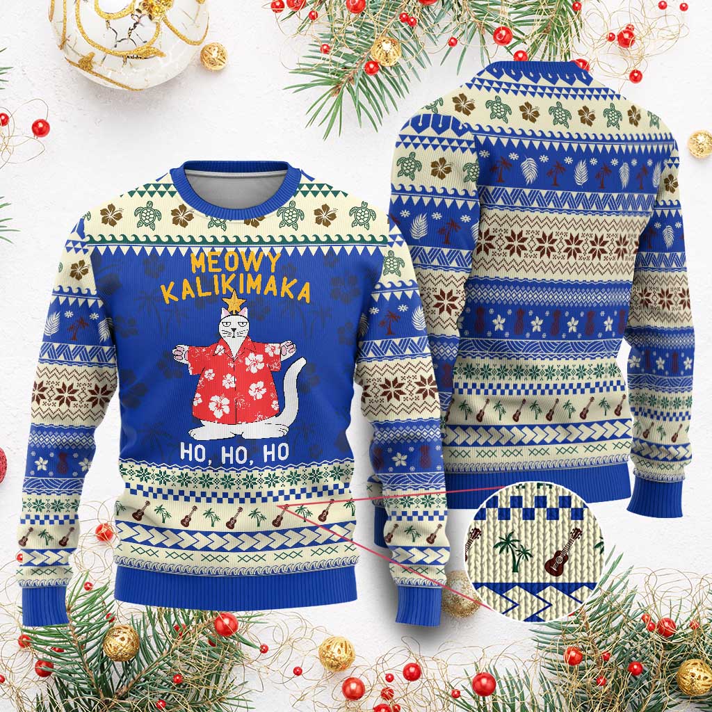 Hawaiian Xmas Cute Cat Ugly Christmas Sweater Meowy Kalikimaka Hawaiian Cat Ho Ho Ho Xmas Tree TS09 Blue Print Your Wear