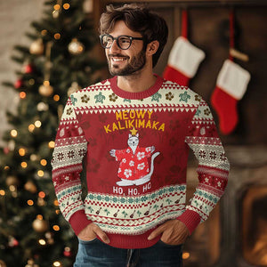 Hawaiian Xmas Cute Cat Ugly Christmas Sweater Meowy Kalikimaka Hawaiian Cat Ho Ho Ho Xmas Tree TS09 Hibiscus Print Your Wear