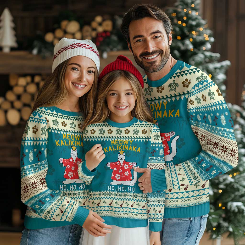 Hawaiian Xmas Cute Cat Ugly Christmas Sweater Meowy Kalikimaka Hawaiian Cat Ho Ho Ho Xmas Tree TS09 Teal Print Your Wear