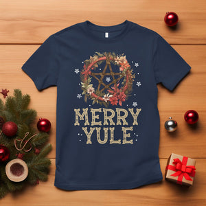 Merry Yule And Winter Solstice Flower Wreath Pentagram T Shirt TS09 Navy Printyourwear