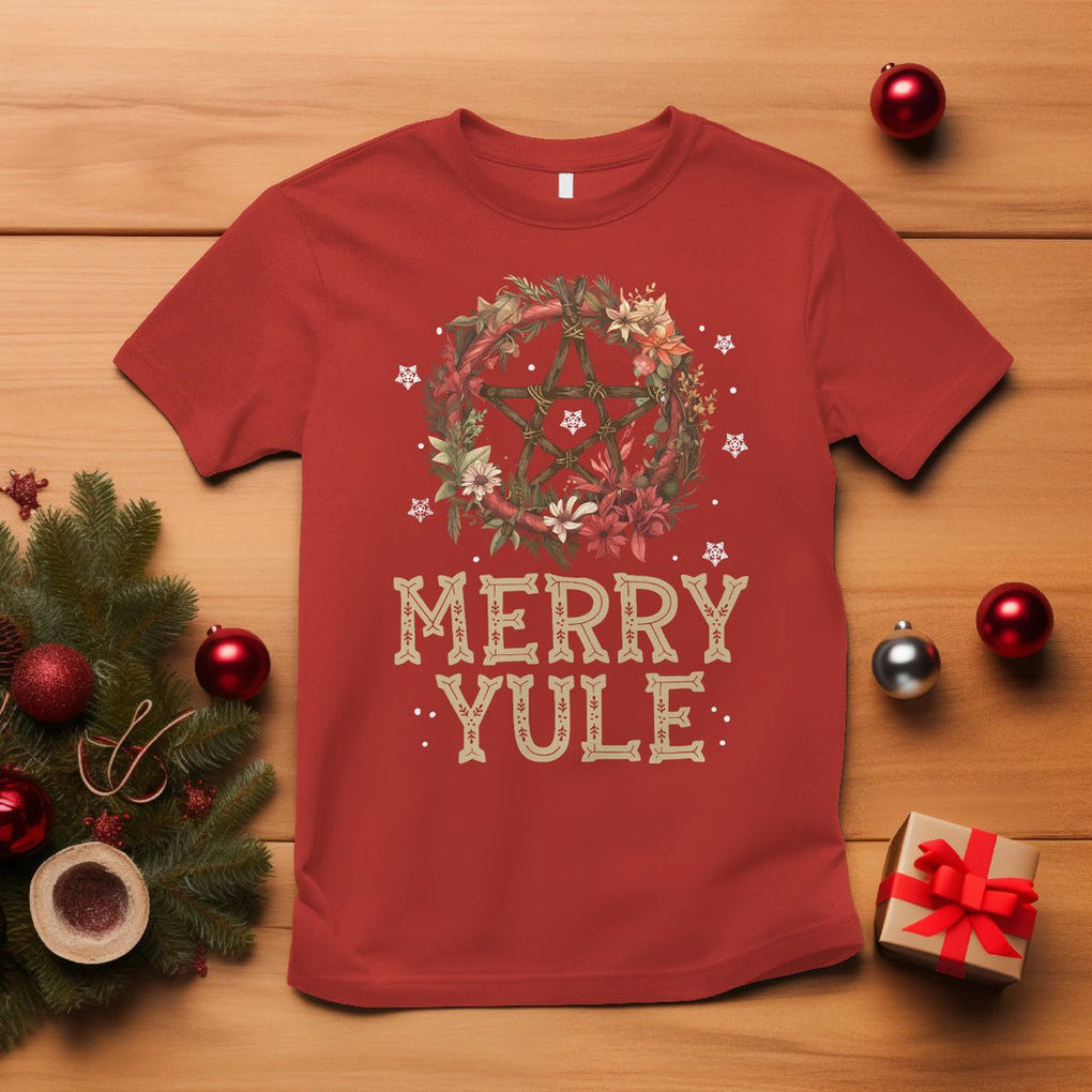 Merry Yule And Winter Solstice Flower Wreath Pentagram T Shirt TS09 Red Printyourwear