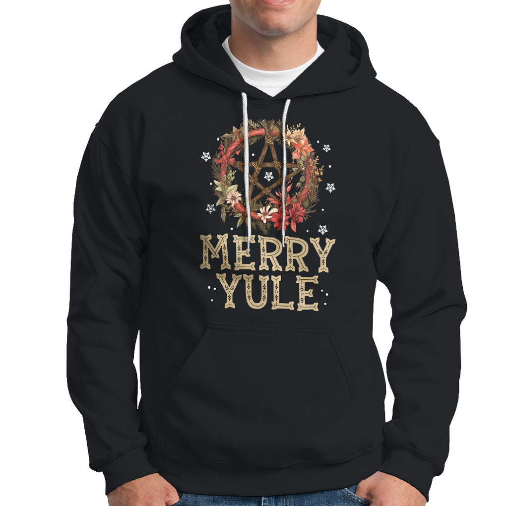 Merry Yule And Winter Solstice Flower Wreath Pentagram Hoodie TS09 Black Printyourwear