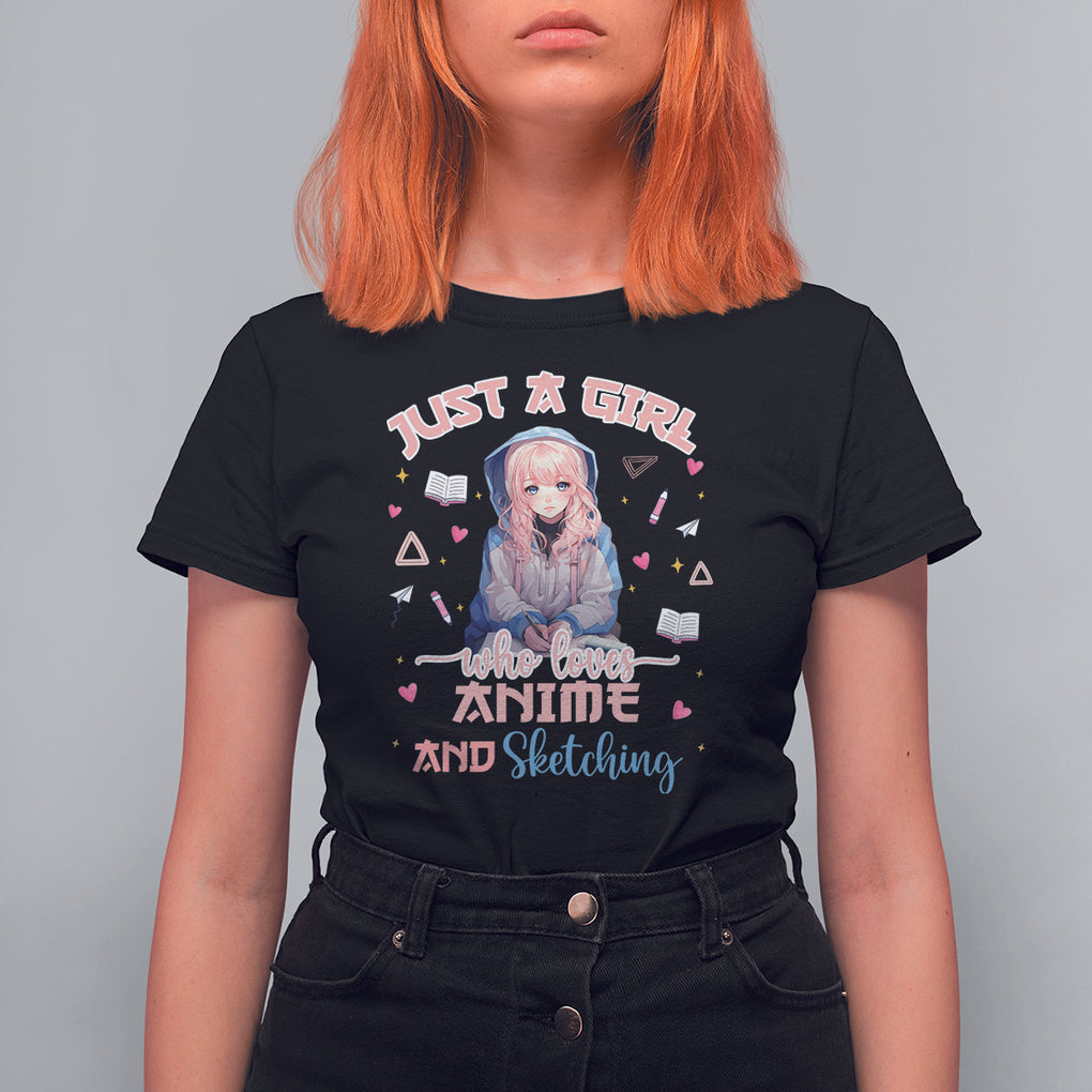 Just A Girl Who Loves Anime And Sketching T Shirt For Women Cute Kawaii Manga Japan TS09 Black Printyourwear